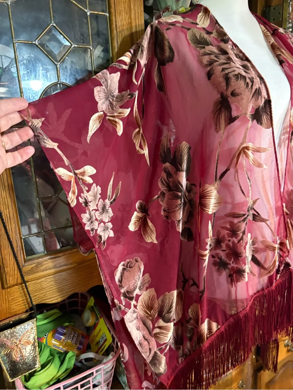 Roffe Burgundy Floral Chiffon Velvet Burnout Fringe Kimono os